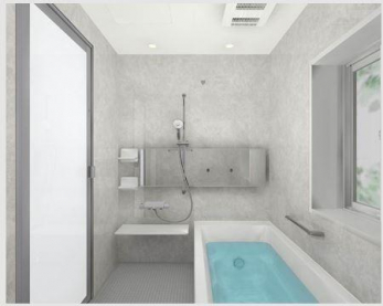 浴室　(イメージ画像)
バスルームは落ち着いた爽やかカラーのストーンシェルグレー。ストレートライン浴槽で一日の疲れをゆっくりと癒せます♪